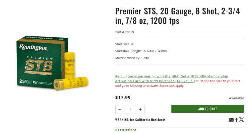 Premier STS, 20 Gauge, 8 Shot, 2-3/4 in, 7/8 oz